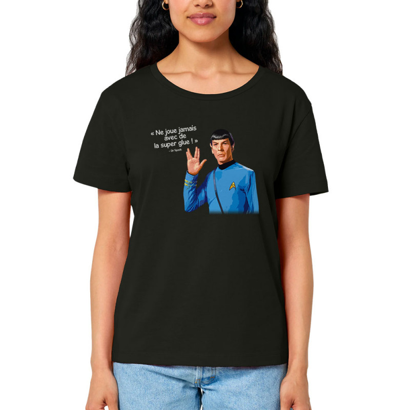 T-shirt femme col large coton bio noir Spock super glue (Humour,Films/Séries,Gondrax)