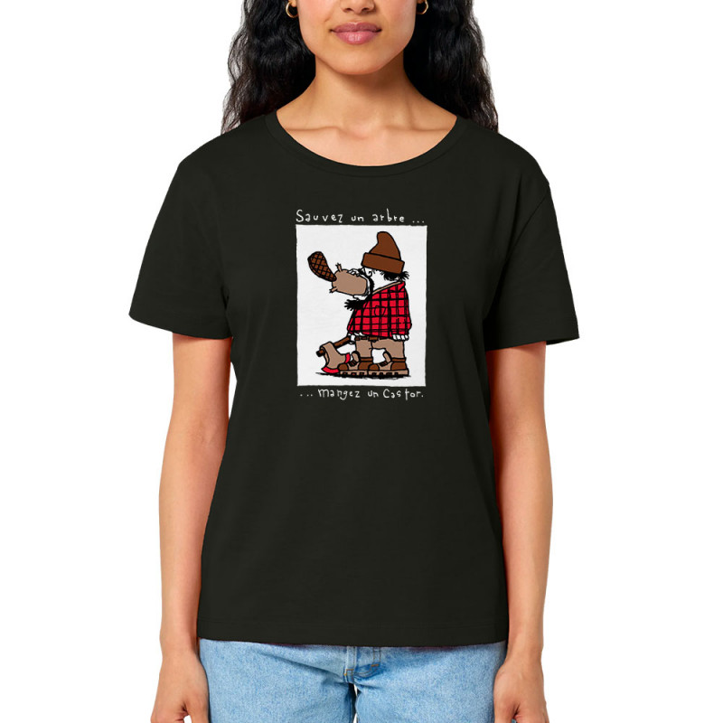 T-shirt femme col large coton bio noir Sauvez un arbre Mangez un castor (Humour,Animaux)