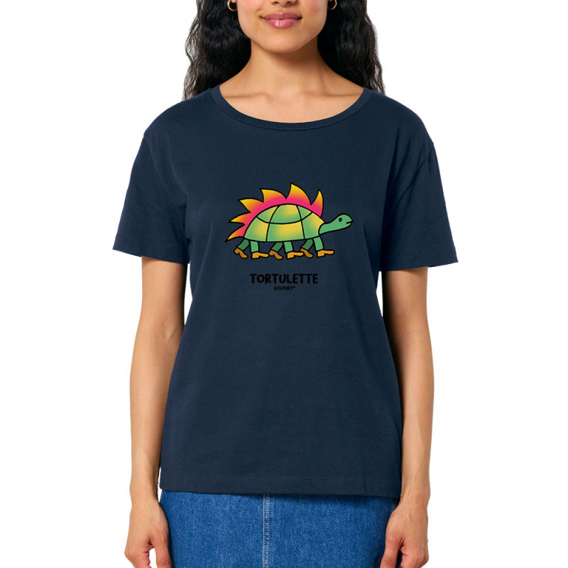 T-shirt femme col large coton bio bleu marine Tortulette (Michel Gondry,Gondry©,Animaux)