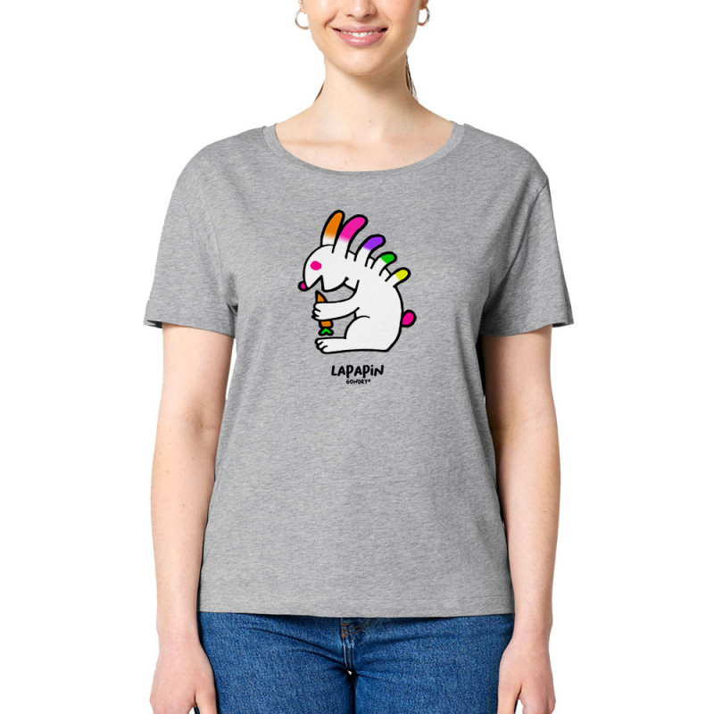 T-shirt femme col large coton bio gris chiné Lapapin (Michel Gondry,Gondry©,Animaux)