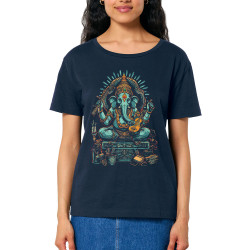 T-shirt femme col large coton bio bleu marine Musical Ganesh (Ethnique,Animaux)