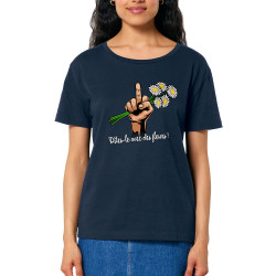 T-shirt femme col large coton bio bleu marine Dites-le avec des fleurs fuck (Gondrax,Humour,Slogans Débiles)