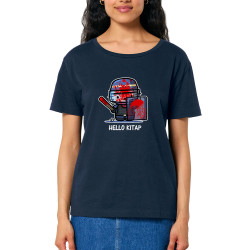 T-shirt femme col large coton bio bleu marine Hello Kitap (Blacksquare,Chats,Détournements,Humour)