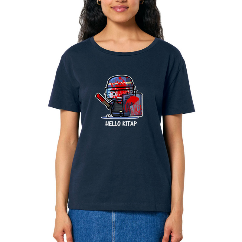 T-shirt femme col large coton bio bleu marine Hello Kitap (Blacksquare,Chats,Détournements,Humour)