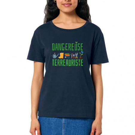 T-shirt femme col large coton bio bleu marine Dangereuse terreauriste (Andy,Humour)