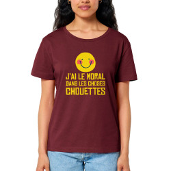 T-shirt femme col large coton bio bordeaux Le moral dans les choses chouettes (Andy,Humour)