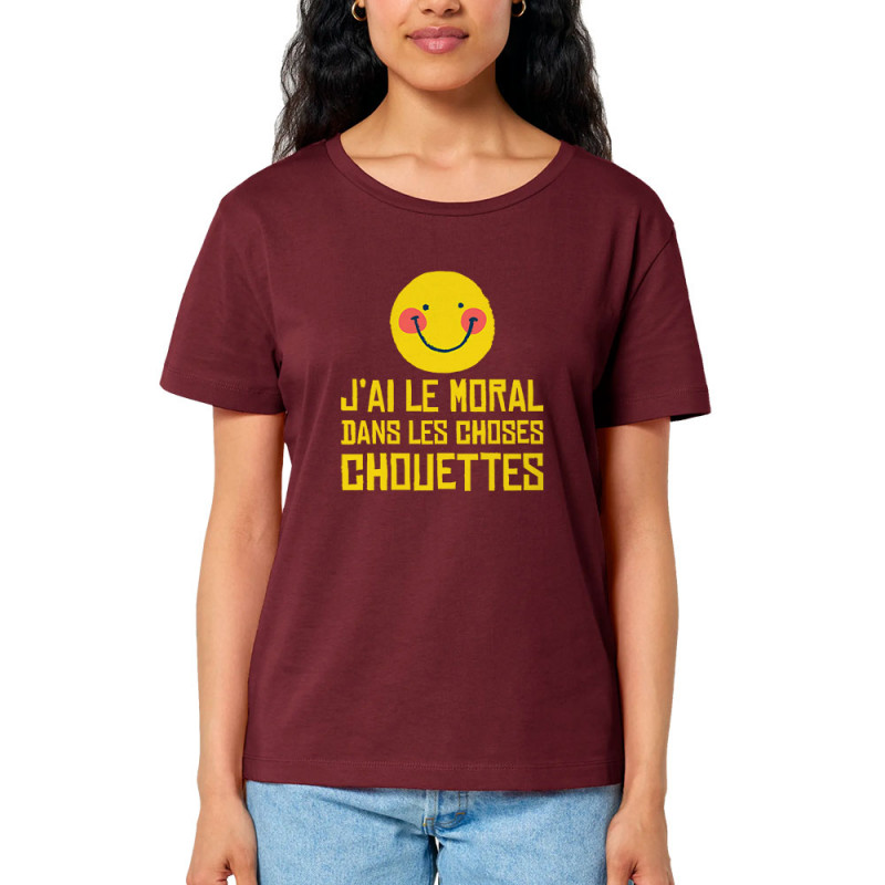 T-shirt femme col large coton bio bordeaux Le moral dans les choses chouettes (Andy,Humour)