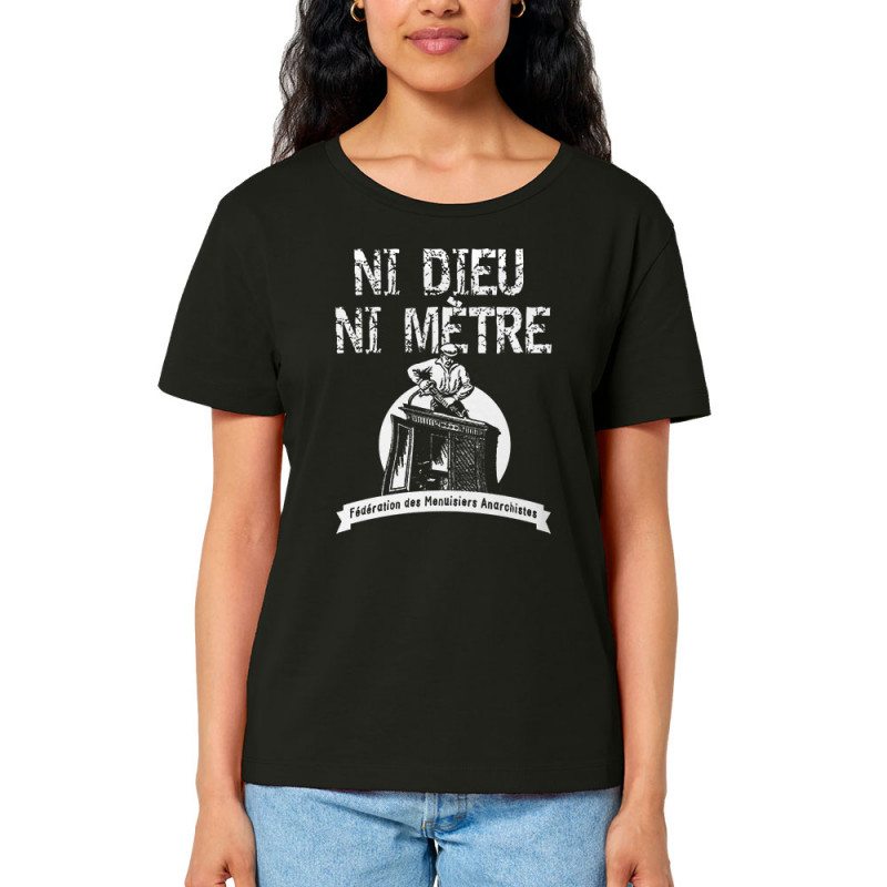 T-shirt femme col large coton bio noir Ni Dieu ni mètre (Andy,Humour)