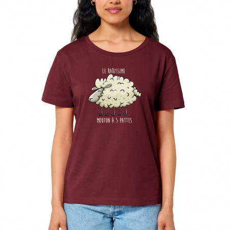 T-shirt femme col large coton bio bordeaux Le rarissime mouton à 5 pattes (Mr Mouton,Animaux,Humour)