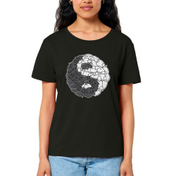 T-shirt femme col large coton bio noir Yin Yang Moutons (Mr Mouton,Humour)
