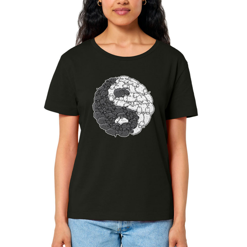 T-shirt femme col large coton bio noir Yin Yang Moutons (Mr Mouton,Humour)