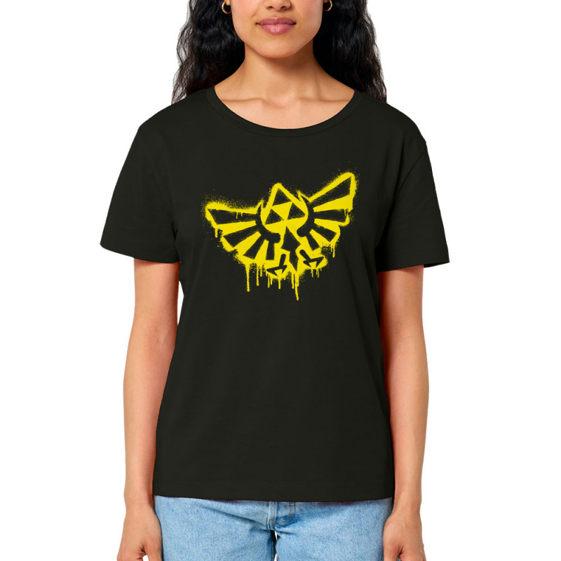 T-shirt femme col large coton bio noir Triforce Spray (Gondrax,Jeux Vidéo / Geek)