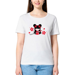 T-shirt femme col large coton bio blanc Samouraï Girl (Fantine,Manga Kawaï japan)