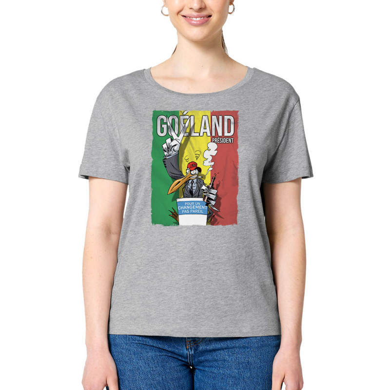 T-shirt femme col large coton bio gris chiné Goéland Président (Animaux,Goéland,Elections)