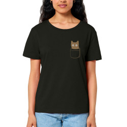 T-shirt femme col large coton bio noir Cat pocket (Le Duc,Animaux,Chats)