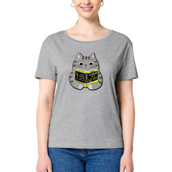 T-shirt femme col large coton bio gris chiné Les humains pour les nuls (Gondrax,Animaux,Chats,Humour,Devoirs de vacances)