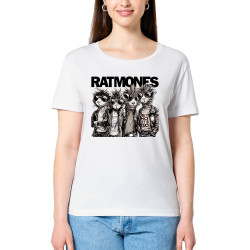 T-shirt femme col large coton bio blanc Ratmones (Ramones) (Animaux,Détournements,Gondrax)