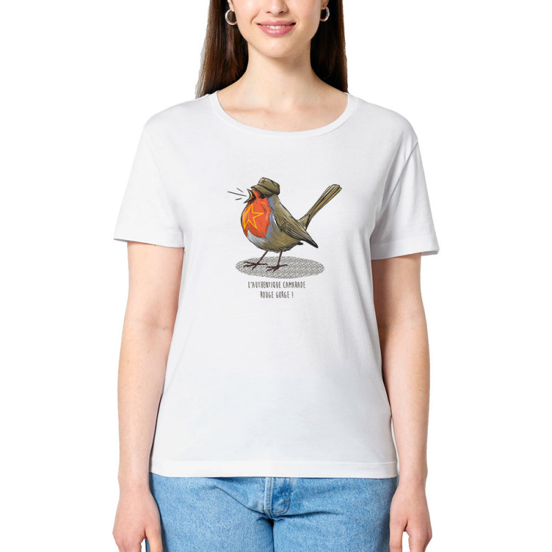 T-shirt femme col large coton bio blanc Camarade Rouge Gorge (Mr Mouton,Animaux,Humour)
