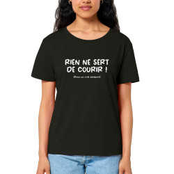 T-shirt femme col large coton bio noir Rien ne sert de courir (Gondrax,Humour,Slogans Débiles,Paresse)