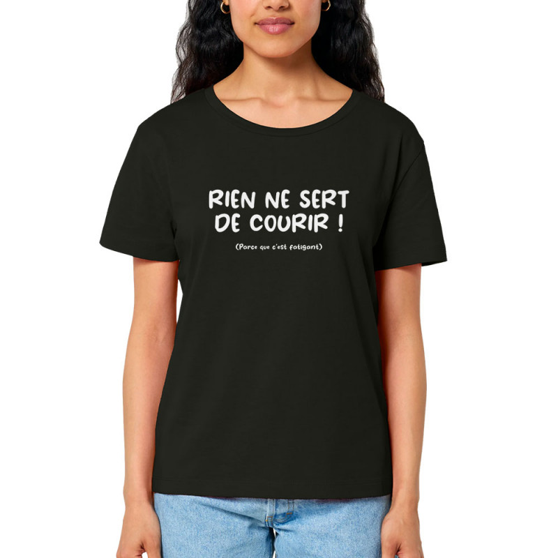 T-shirt femme col large coton bio noir Rien ne sert de courir (Gondrax,Humour,Slogans Débiles,Paresse)