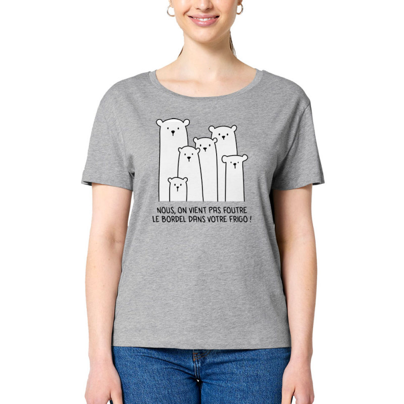 T-shirt femme col large coton bio gris chiné Le bordel dans votre frigo (Gondrax,Animaux,Ecologie,Humour)