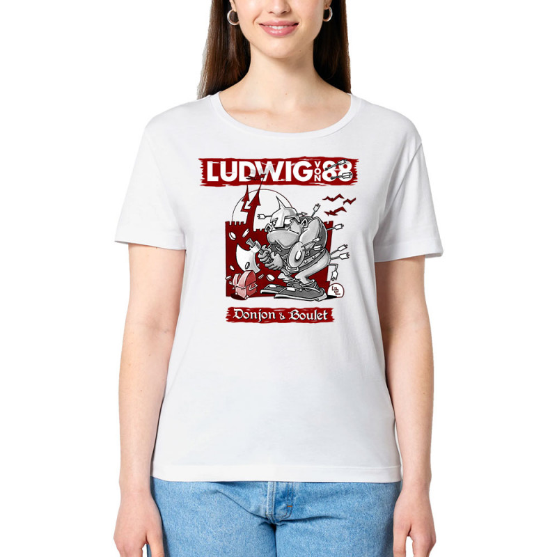 T-shirt femme col large coton bio blanc Donjon et boulet (Ludwig Von 88)
