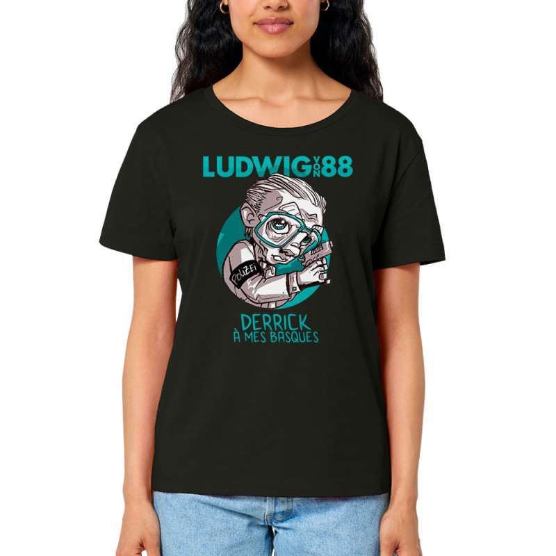 T-shirt femme col large coton bio noir Derrick à mes basques (Ludwig Von 88)