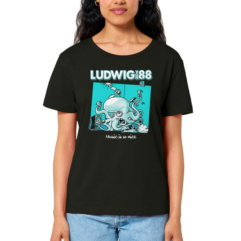T-shirt femme col large coton bio noir Voisin Voisine - Music is so nice (Ludwig Von 88,Rock & Punk)