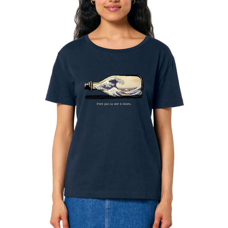 T-shirt femme col large coton bio bleu marine Pas la mer à boire Hokusaï (Gondrax,Hokusaï,Musée)