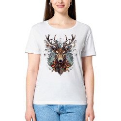 T-shirt femme col large coton bio blanc Psyche Deer (Animaux)