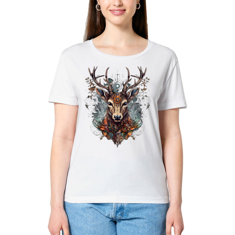T-shirt femme col large coton bio blanc Psyche Deer (Animaux)
