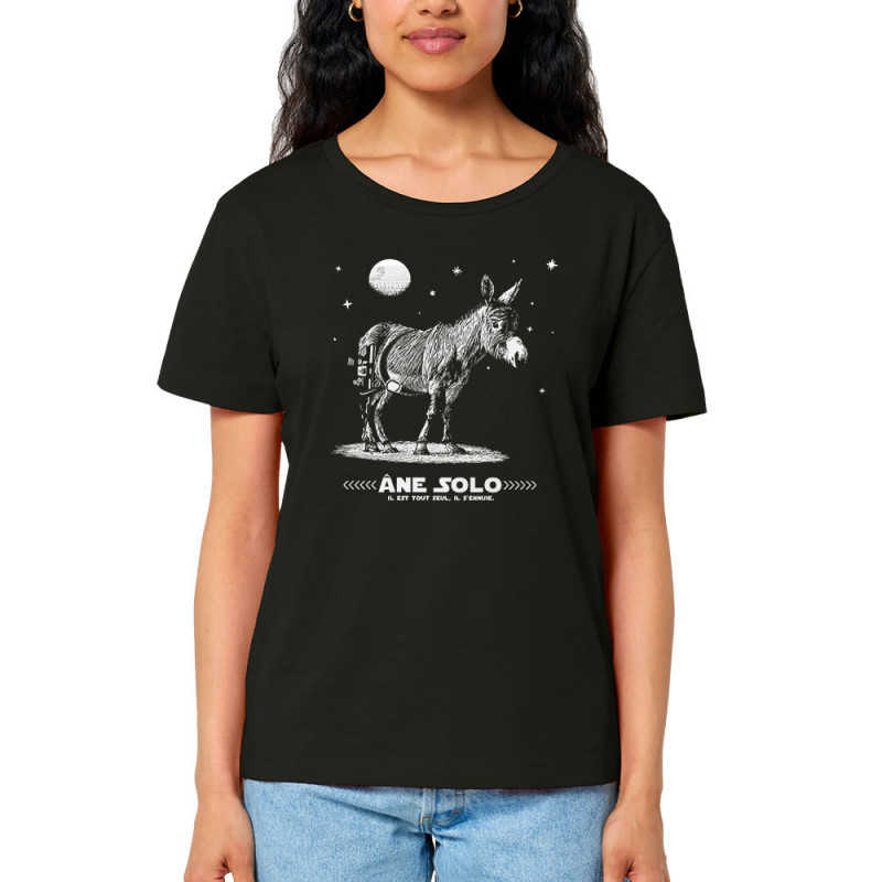 T-shirt femme col large coton bio noir Âne Solo (Gondrax,Les Bébêtes,Humour,Animaux,Star Wars)
