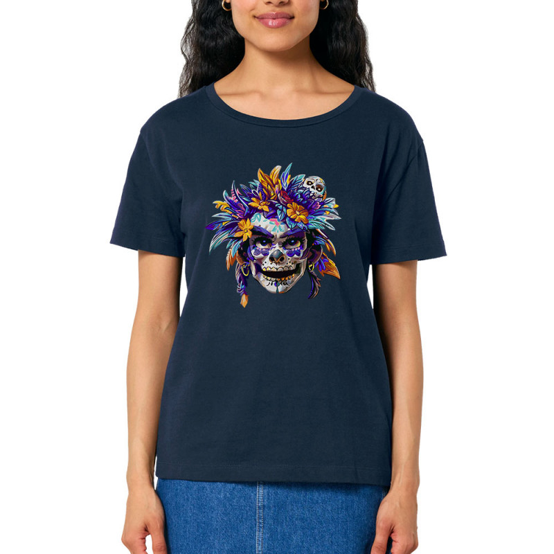 T-shirt femme col large coton bio bleu marine Skull Native Woman (Zewa,Ethnique,Têtes de morts)