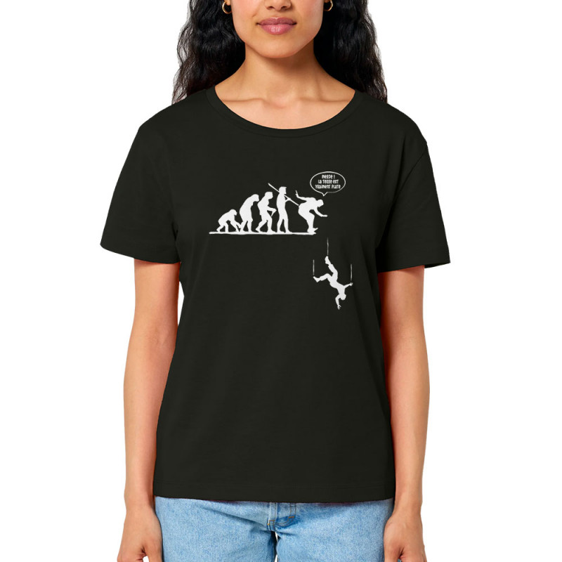 T-shirt femme col large coton bio noir la terre est vraiment plate (Gondrax,Evolution,Humour)