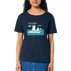 T-shirt femme col large coton bio bleu marine Couper le chauffage (Gondrax,Animaux,Ecologie)