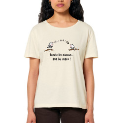 T-shirt femme col large coton bio naturel Ecoute les oiseaux pas les infos (Gondrax,Animaux,Slogans Débiles)