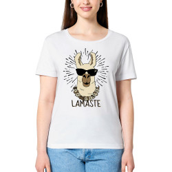 T-shirt femme col large coton bio blanc Lamaste (Animaux,Humour)