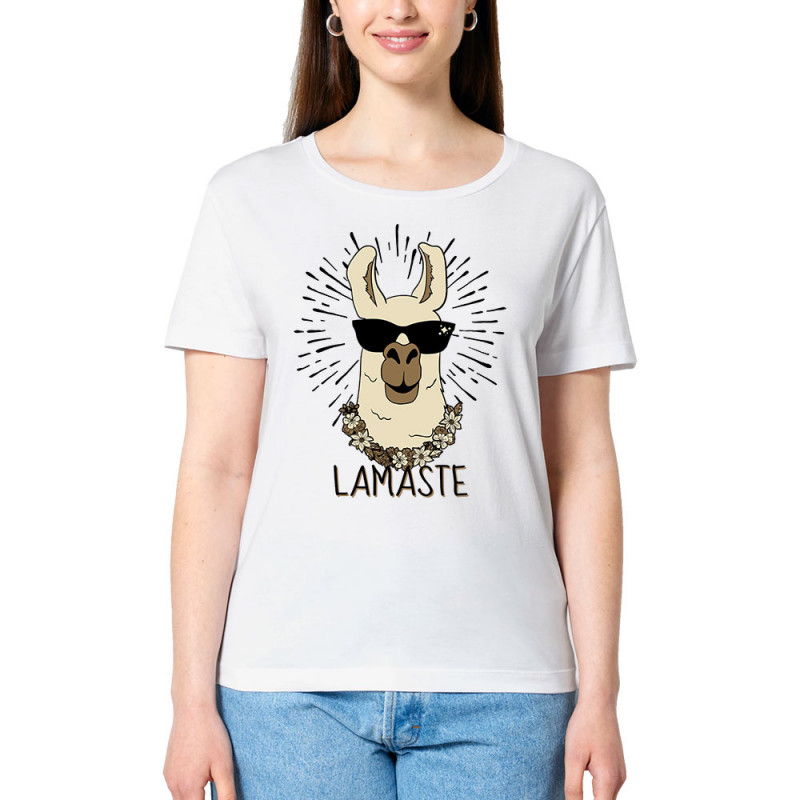 T-shirt femme col large coton bio blanc Lamaste (Animaux,Humour)