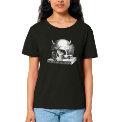 T-shirt femme col large coton bio noir Skull with Horns (Diabolik,Têtes de morts)