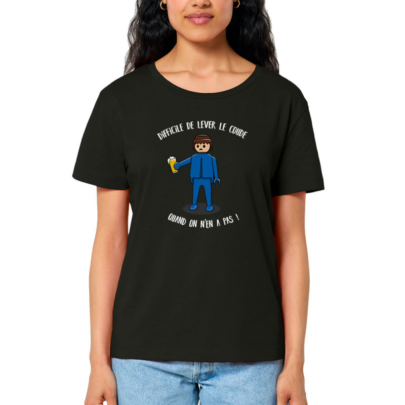 T-shirt femme col large coton bio noir Difficile de lever le coude (Gondrax,Alcool,Humour)