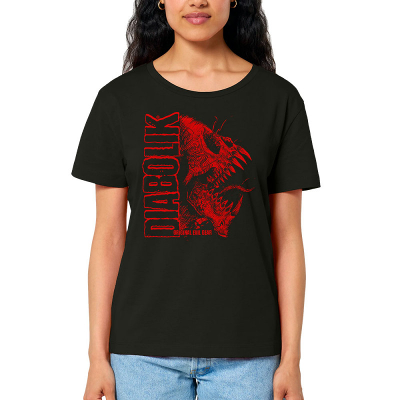T-shirt femme col large coton bio noir Devil Monster (Gondrax,Diabolik,Têtes de morts)