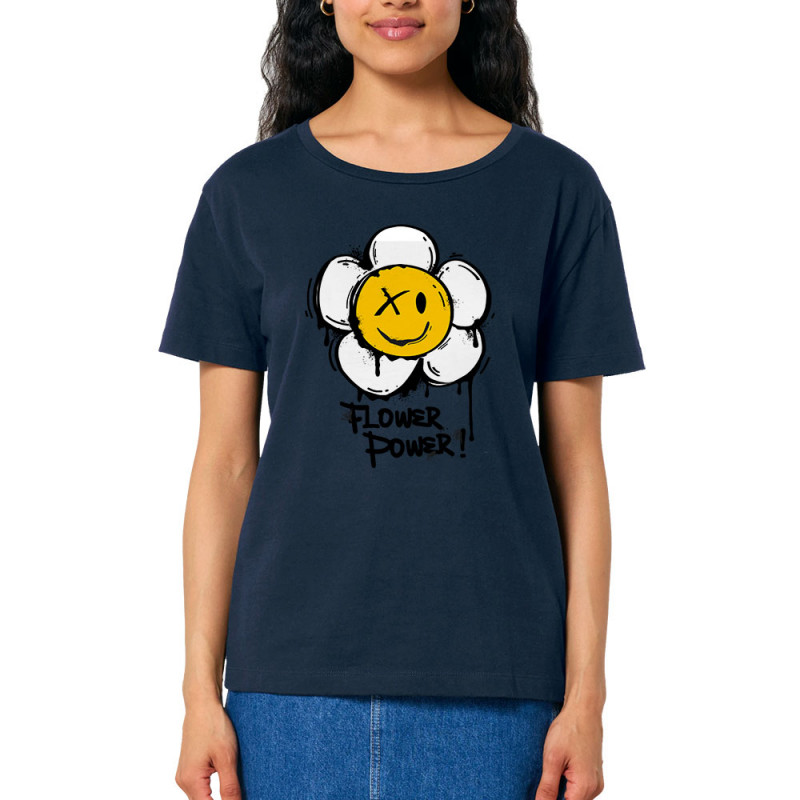 T-shirt femme col large coton bio bleu marine Flower Power (Gondrax,Humour,Divers)