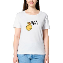 T-shirt femme col large coton bio blanc Duck You (Andy,Humour)
