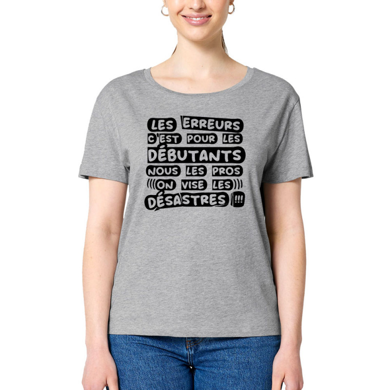 T-shirt femme col large coton bio gris chiné Les erreurs (Zewa,Slogans Débiles)
