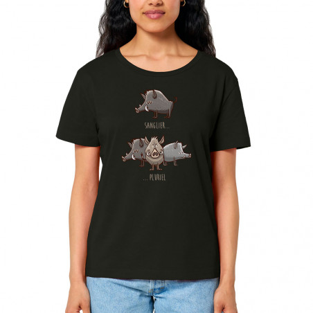 T-shirt femme col large coton bio noir Sanglier Pluriel (Mr Mouton,Animaux,Humour)