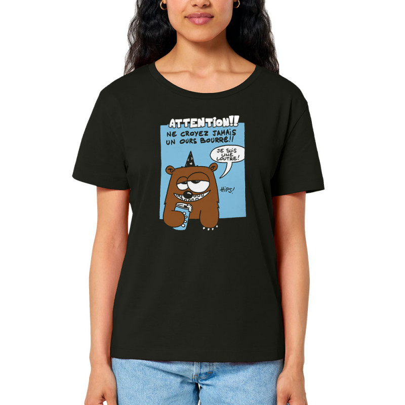T-shirt femme col large coton bio noir Ne croyez jamais un ours bourré (Animaux)