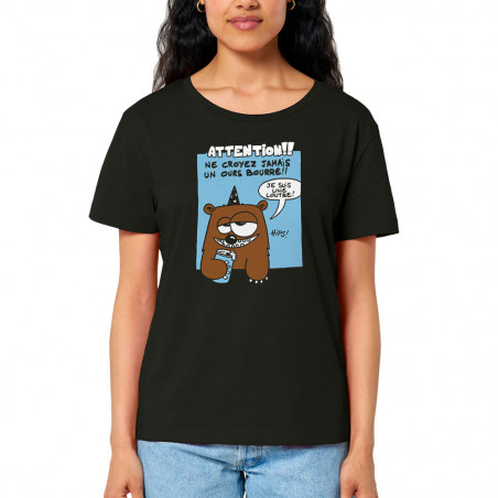 T-shirt femme col large coton bio noir Ne croyez jamais un ours bourré (Animaux)