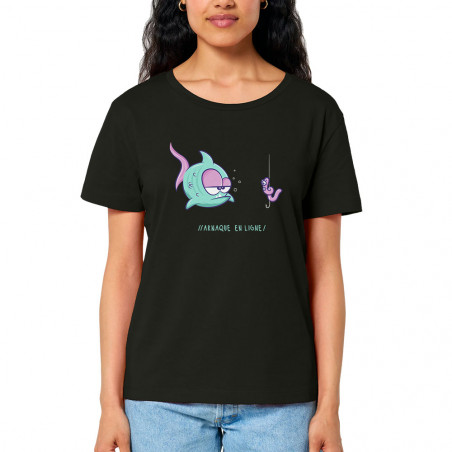 T-shirt femme col large coton bio noir Arnaque en ligne (Baxt,Humour,Animaux)