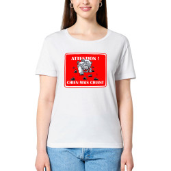 T-shirt femme col large coton bio blanc Attention chien mais chiant (Laul,Animaux,Humour)