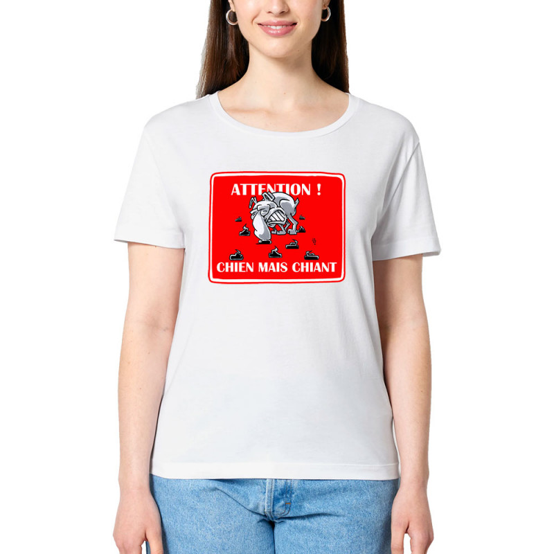 T-shirt femme col large coton bio blanc Attention chien mais chiant (Laul,Animaux,Humour)